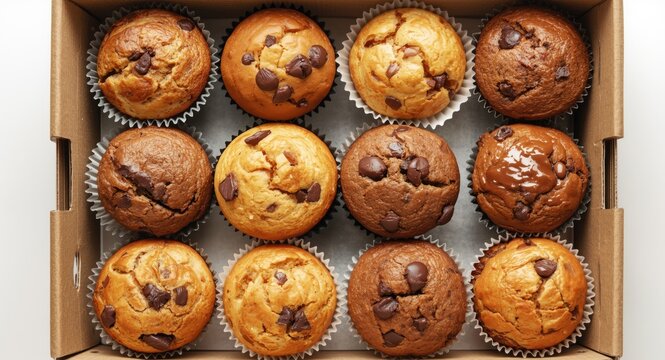 Variety of baked muffins arranged in a cardboard box with white backdrop and empty space for text