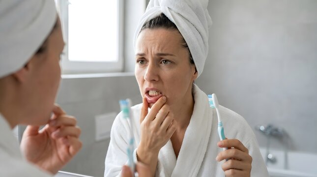 Woman in bathrobe and towel looking distressed in mirror, touching her mouth with pain, holding toothbrushes in a bathroom.