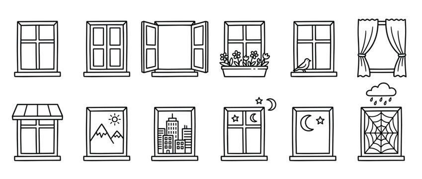 Collection of various window line art icons depicting different scenes and styles in a simple, illustrative manner