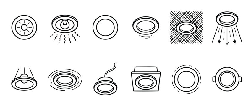 Collection of various line art icons representing different types of recessed and surface-mounted light fixtures, shown in a clean, minimalist style