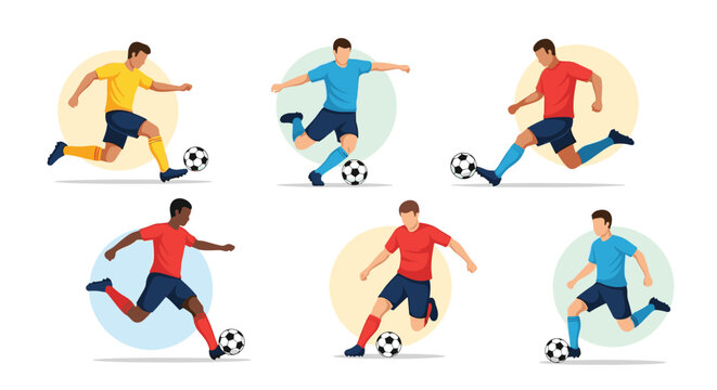Collection of flat design soccer player icons in various poses showing different types of kicks and movements on a field.