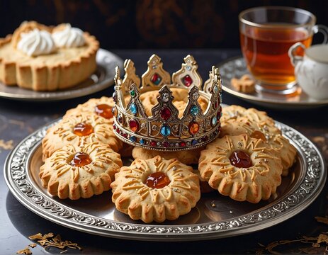 A silver platter holds a pile of cookies and a crown