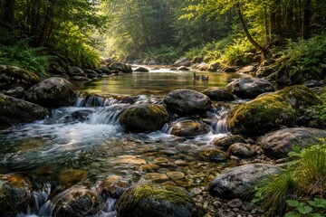Fototapeta premium Tranquil Freshwater Stream Flowing Over Rocks in Lush Forest