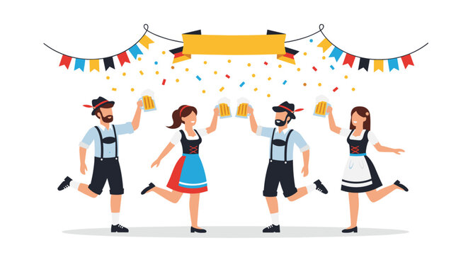 Group of cheerful people in traditional German Bavarian outfits celebrating Oktoberfest with beer and dancing under bunting.