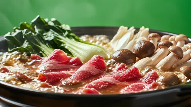 Close up of steaming hot pot filled with fresh beef slices bok choy mushrooms and broth rich in savory flavors perfect for a cozy winter meal