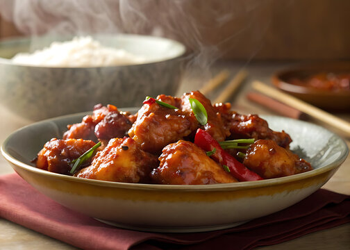 
Spicy general tso chicken asian dish with chili peppers and steamed rice bowl