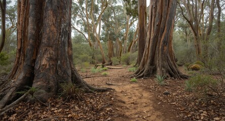 Obraz premium Trunks of eucalyptus trees surrounded by wildlife footprints and plants