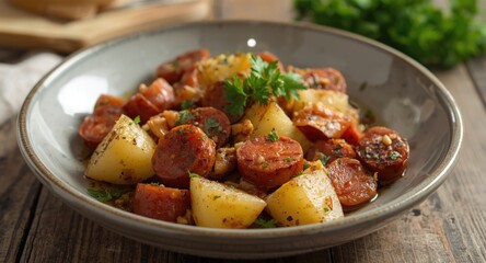 Fototapeta premium Traditional rustic potatoes and chorizo simmered in Spanish style