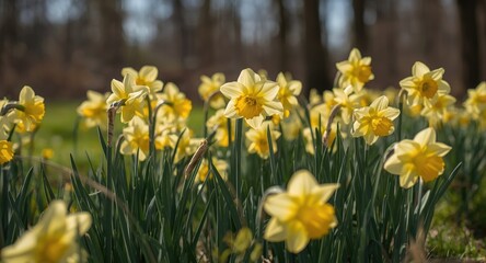 Fototapeta premium Sunny outdoor scene featuring a field of daffodils