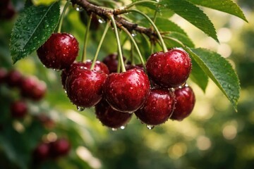 Obraz premium Close up view of ripe wild cherries hanging on tree branches