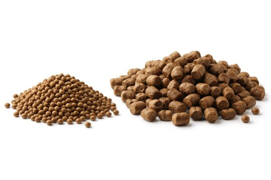Two distinct sizes of fish feed pellets on a white background