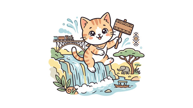 Cute Cartoon Cat with Sign at Waterfall Landscape