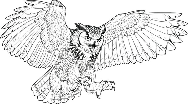 Owl, flying owl, bird illustration, wildlife art, vector graphics