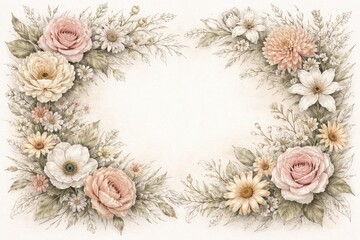 Fototapeta premium Hand-Drawn Floral Banner with Mixed Flowers and Space for Text