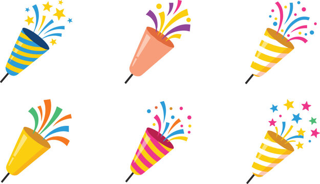 Set of 6 Party Popper Illustrations with Colorful Confetti and Streamers for Celebration, Festive, and Event Designs