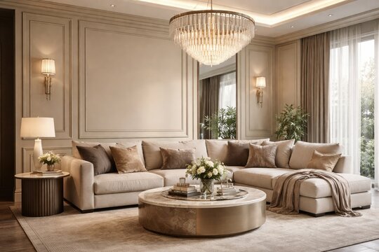 Modern luxury living room with beige sofa and traditional panel wall design