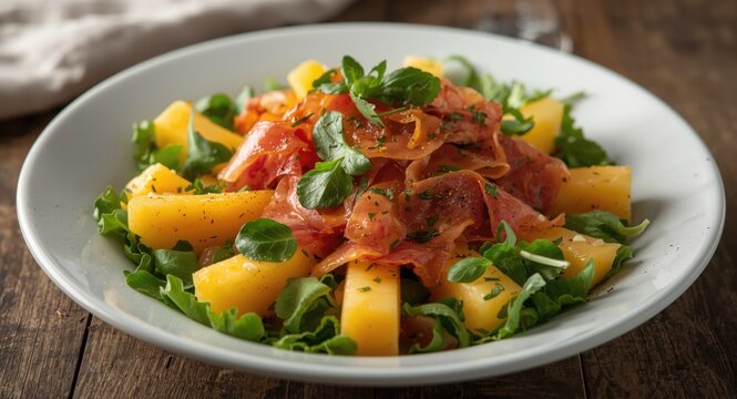 Summery salad with melon, prosciutto, and crisp mixed salad leaves