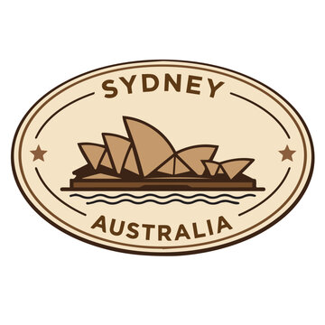 A vintage postal stamp vector of Sydney, Australia, featuring a map silhouette, retro rubber seal style, and brown grunge texture, evoking travel heritage and classic tourism.