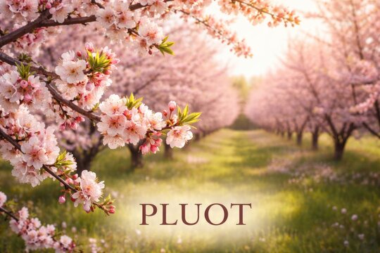Blooming pluot trees with vibrant flowers and copy space for text