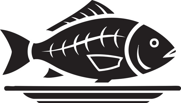 Black fish icon, seafood symbol, plate illustration, vector graphic