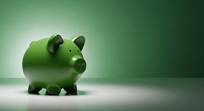 Green piggy bank sitting on white surface with green gradient background transparent background