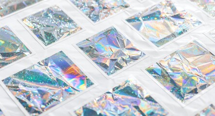 Fototapeta premium Set of creased holographic metallic stickers with glitter lines on white