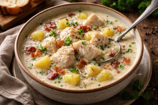 Hearty creamy fish chowder with haddock chunks and diced potatoes