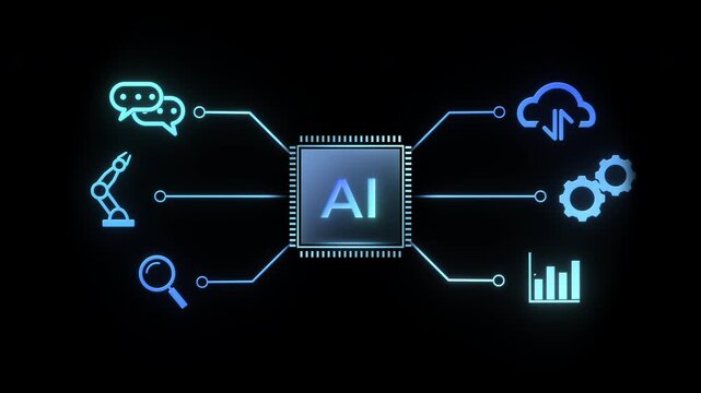 AI chip icon connects to business network systems icon reveal animation on black background with alpha matte channel, show AI effects to industry