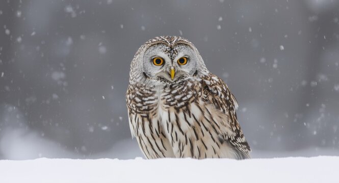 Winter wildlife photo of Bubo bubo owl in snow filled environment