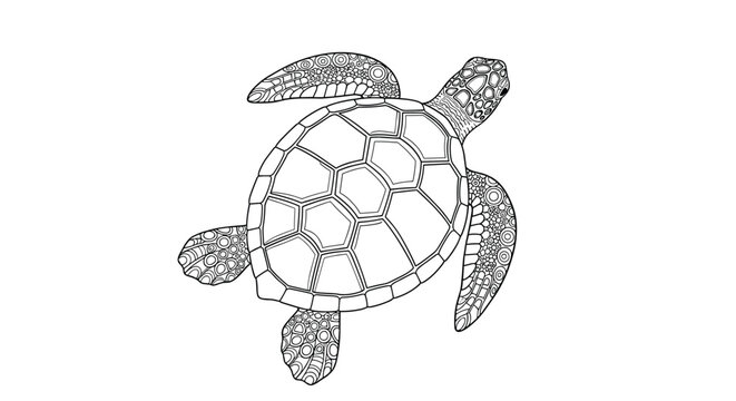 Intricate black and white line art illustration of a sea turtle shell patterns for adult coloring book or tattoo design.