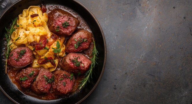 Traditional slow cooked German Wagyu roulades alongside soft spaetzle and spicy sauce