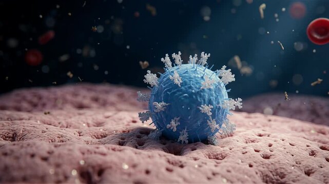 Microscopic 3D render of blue virus pathogen cell on human tissue background.