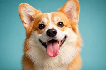 Obraz premium Close up playful Corgi dog headshot with tongue out on turquoise backdrop