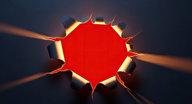 A fiery explosion bursts through a metal plate in a dark background.
