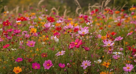 Obraz premium Cosmos flowers in vibrant autumn full bloom with copy space area