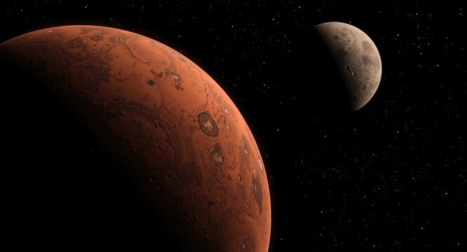 Space banner featuring the solar system planet Mars and its moons Phobos and Deimos