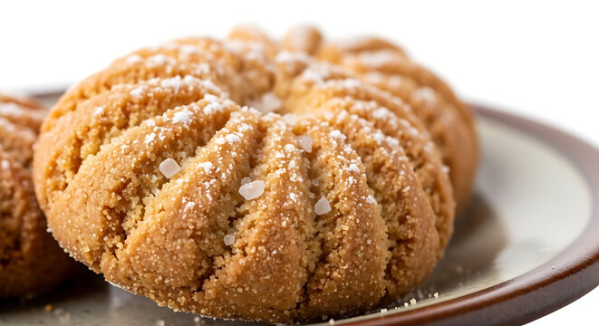 Macro Close Up of Golden Brown Butter Cookie with Ribbed Texture and Sugar Crystals, Crunchy Shortbread Biscuit, Gourmet Baked Goods, Delicious Sweet Snack, Bakery Detail, Homemade Pastry, Selective 