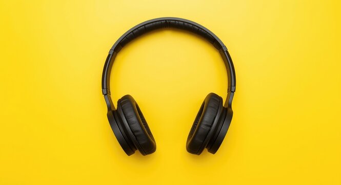 Vibrant yellow background featuring black headphones illustrating music enjoyment