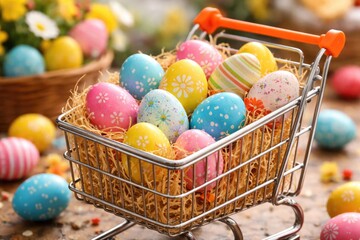 Fototapeta premium Colorful Easter eggs arranged in a shopping cart preparing for Easter celebration