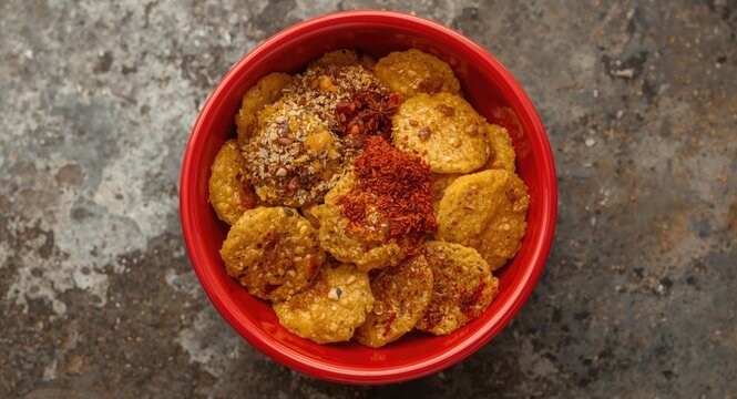 Crispy urad dal papad presented in a bright red bowl with spices