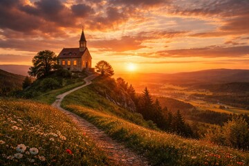 Fototapeta premium A summer landscape with a hilltop chapel glowing in warm sunset light