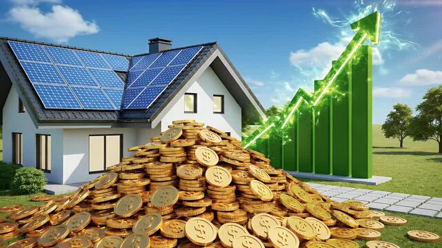 A house with solar panels sits beside a mountain of gold coins