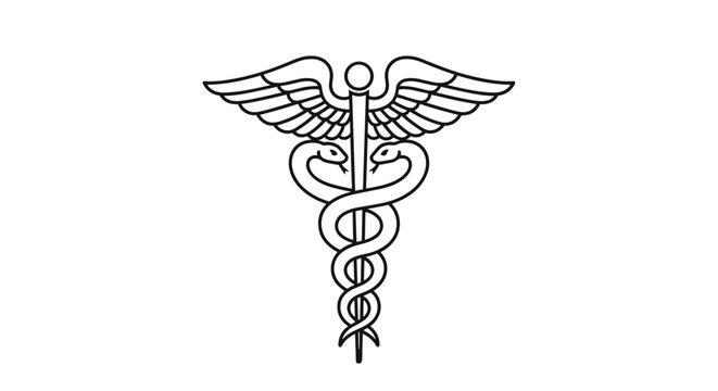 Classic medical caduceus symbol featuring two snakes entwined around a winged staff in simple black and white line art style.