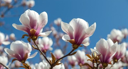 Obraz premium Yulan magnolia blooms thriving fully with crisp blue sky behind