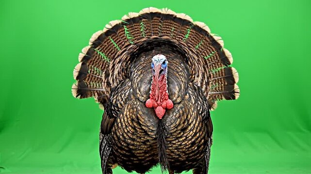 Male turkey goble with spread feathers on green screen background