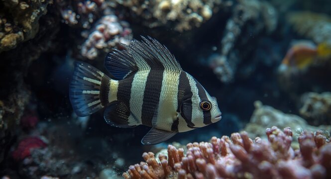 Lively blackbelt hogfish interacting with reef coral and seabed features