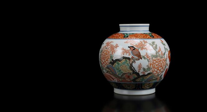 Softly focused Japanese antique imari porcelain set on black backdrop