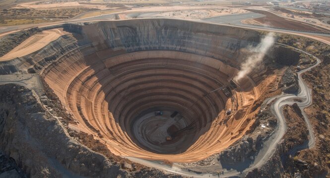 View from above of a large scale copper open pit excavation