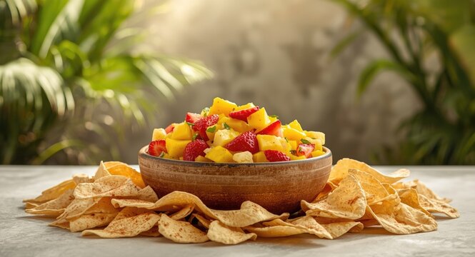 Tropical fruit salsa blend of mango pineapple and strawberries served with crispy cinnamon dusted tortilla chips for a snack