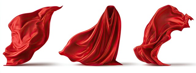 Fototapeta premium Three dynamic red fabric drapes, flowing and sculpted against a white background, suggesting movement